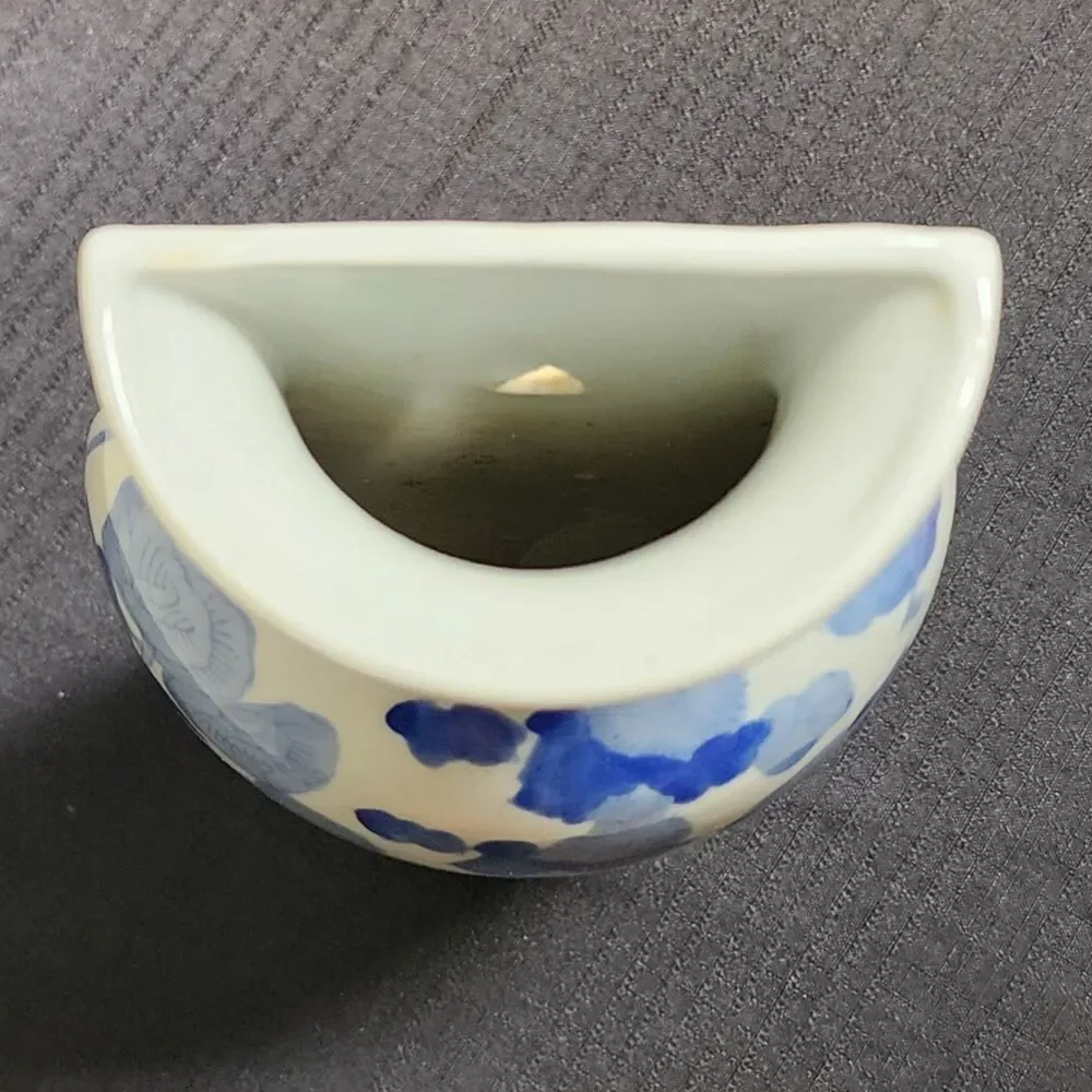 Vintage Ceramic Blue and White Floral Flat Wall Vase